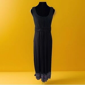 Soma Maxi Dress M Black Jersey Knit Comfort Stretch Colorful Travel Floral Hem